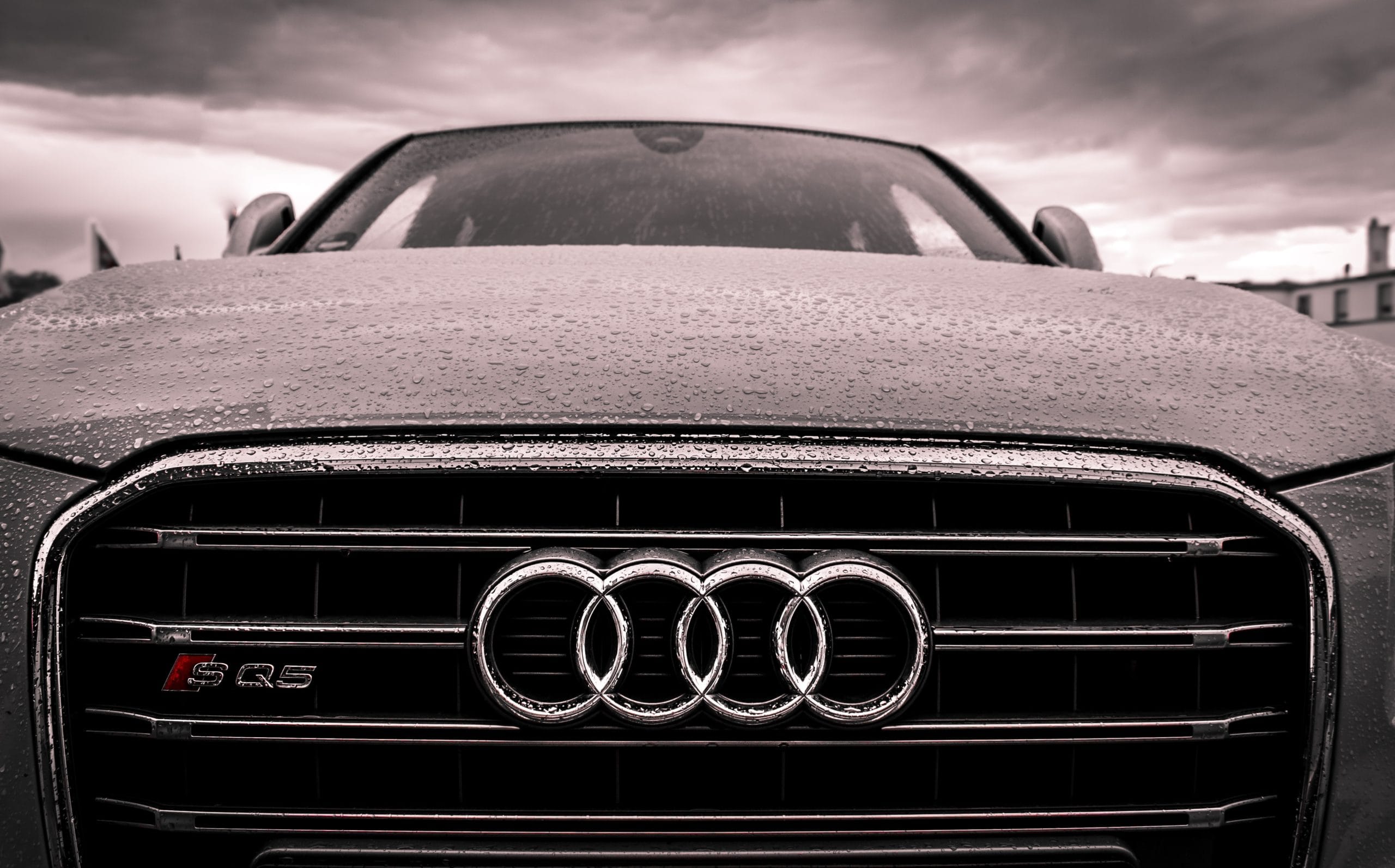 Close-up of rain-covered Audi SQ5 grille representing Plexus Freight's automotive and vehicle freight services