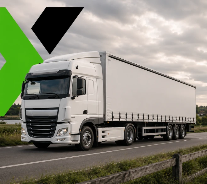 Plexus Freight branded curtainsider HGV travelling along a motorway under a cloudy sky