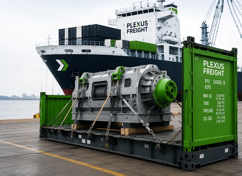 Flat-rack container secures oversized industrial machinery for international sea freight distribution.