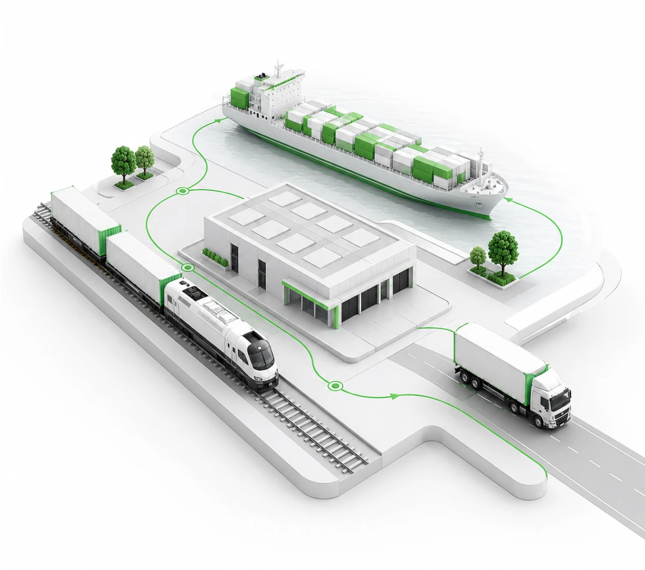 3D illustration of a multimodal logistics network connecting a container ship, freight train, HGV and warehouse