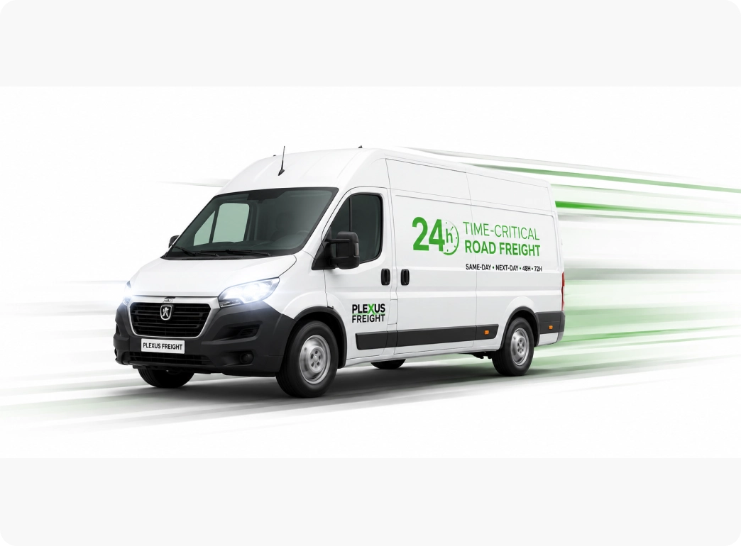 Delivery van with 24-hour branding representing Plexus Freight's time-critical and express freight services