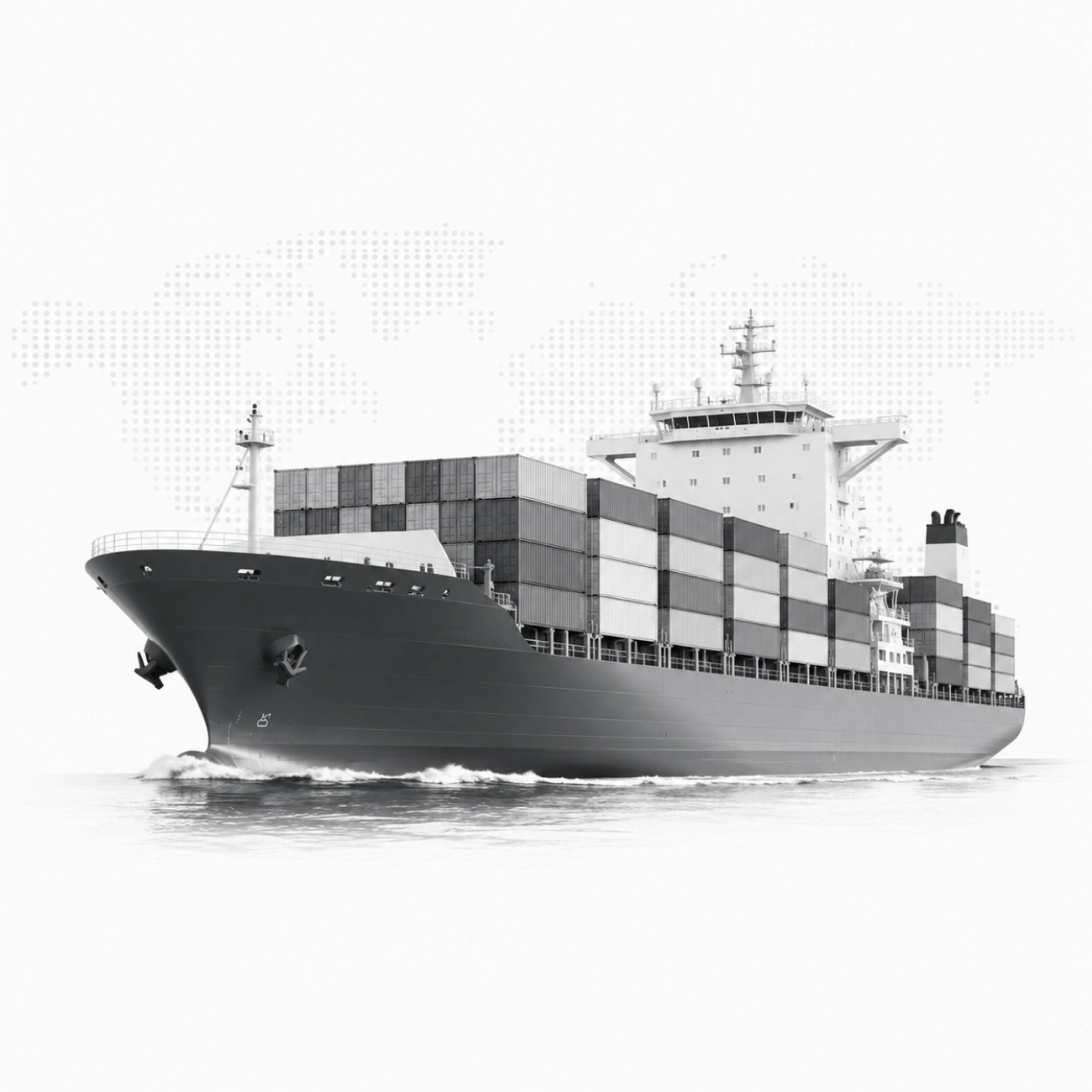 Container ship at sea with world map backdrop representing Plexus Freight's international sea freight services