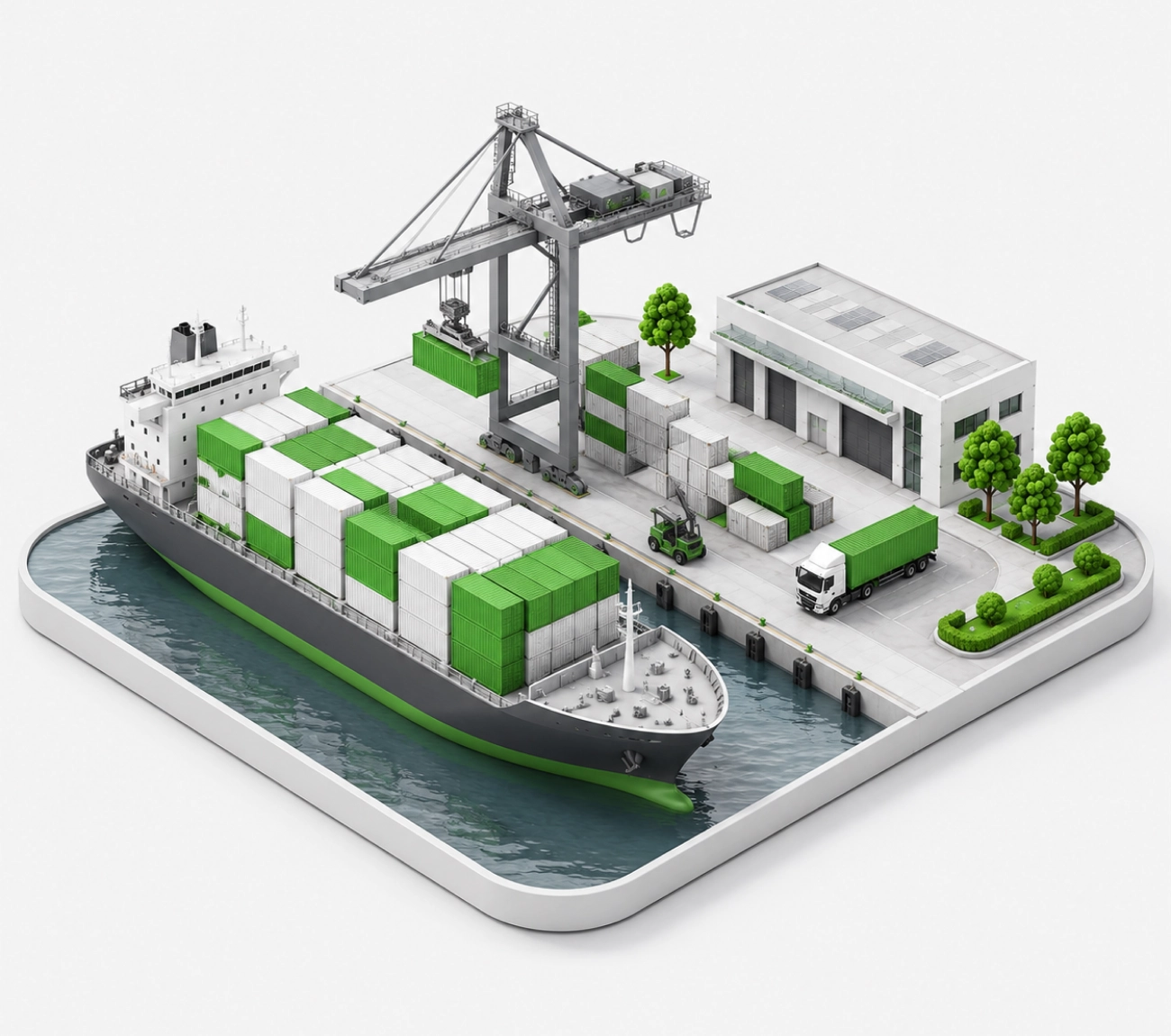 Isometric illustration of container ship at port with crane and HGV truck representing Plexus Freight's sea freight operations