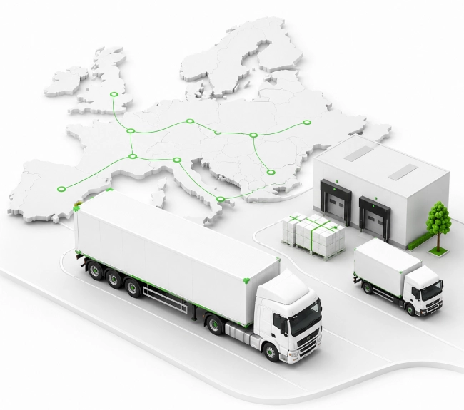 HGV trucks and warehouse on European route map representing Plexus Freight's European road freight network