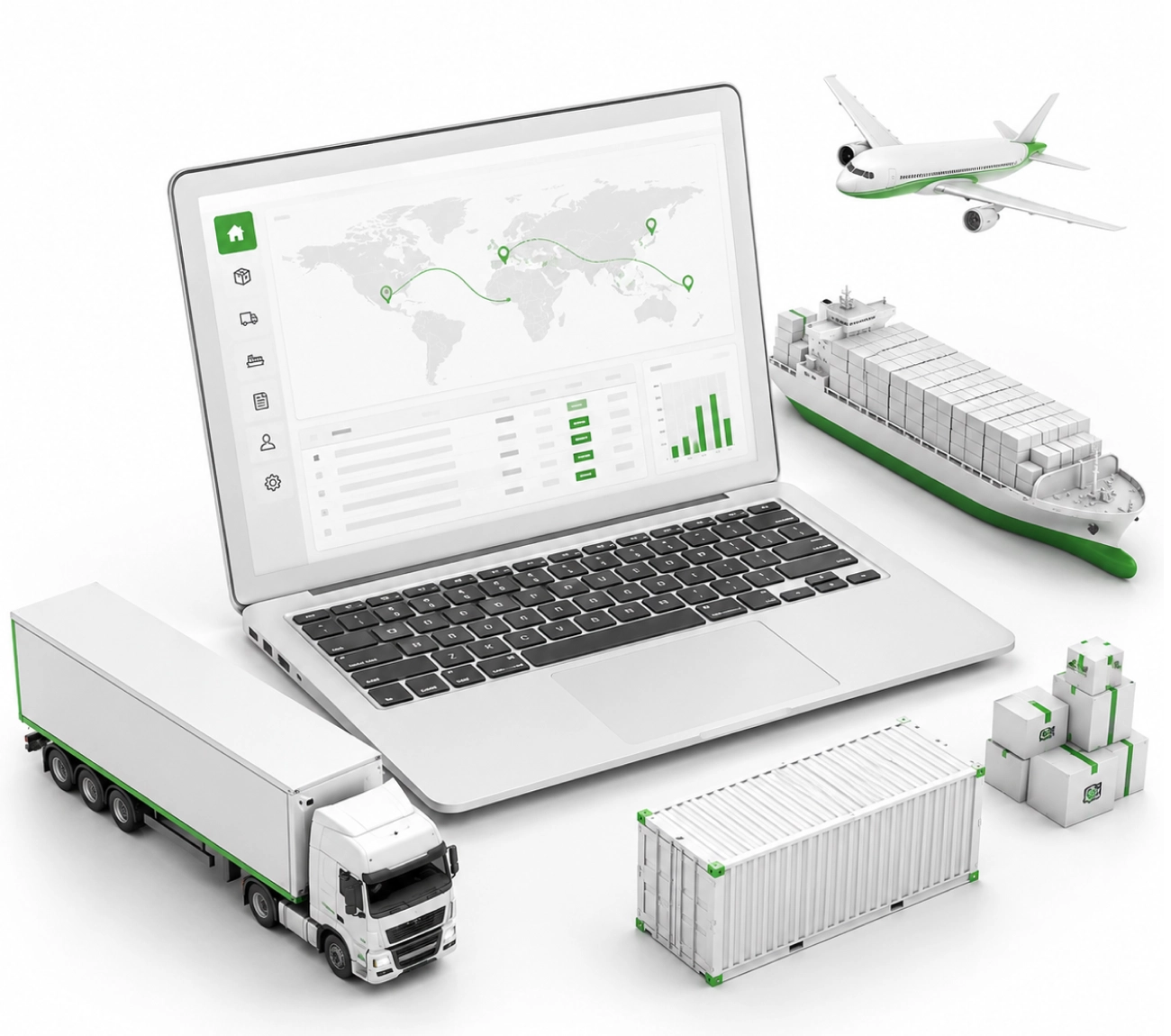 Laptop with freight dashboard surrounded by plane, ship, truck and container representing Plexus Freight's freight management