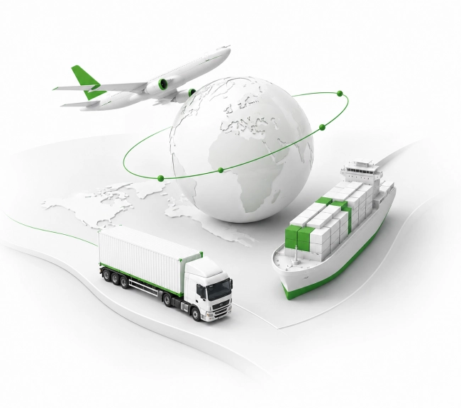 Cargo plane, container ship and HGV truck around globe representing Plexus Freight's global freight forwarding services