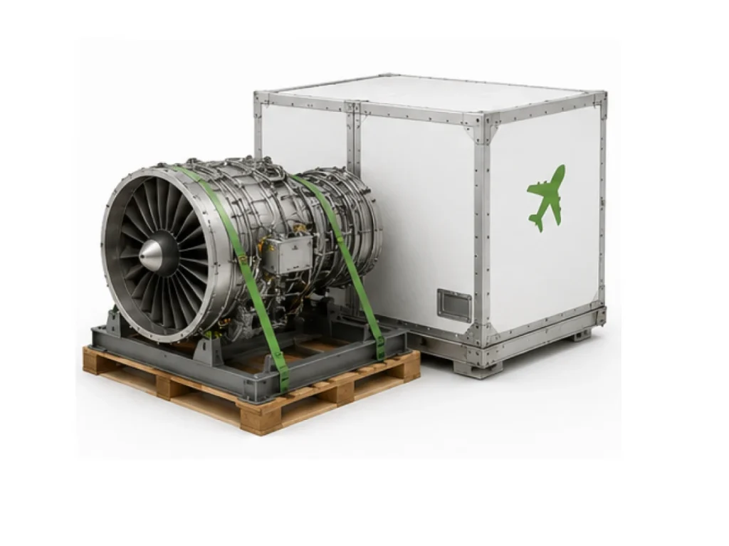 Jet engine on pallet next to air freight unit load device representing Plexus Freight's specialist air cargo services