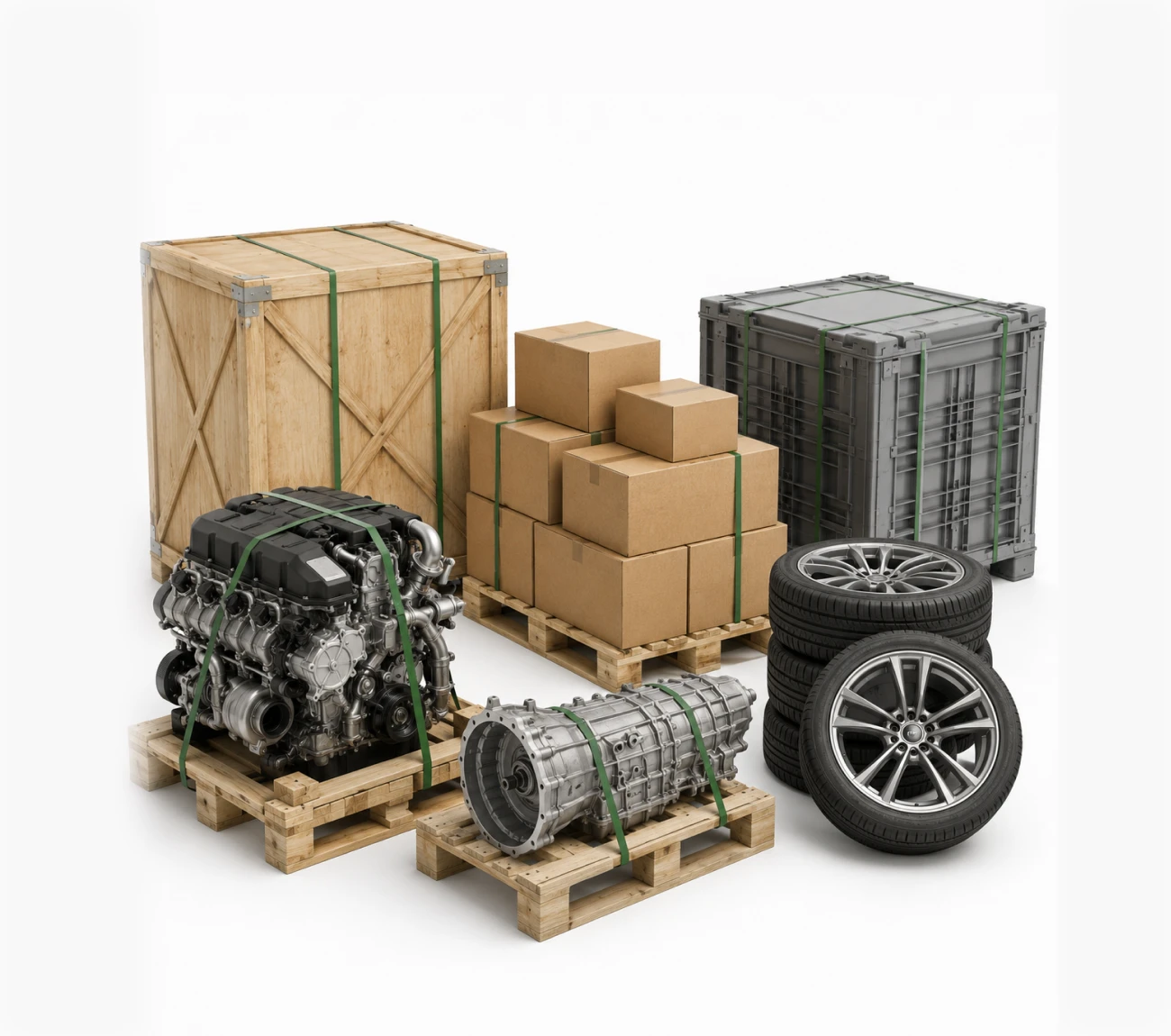 Large industrial engines strapped in open-top container at port representing Plexus Freight's out-of-gauge sea freight