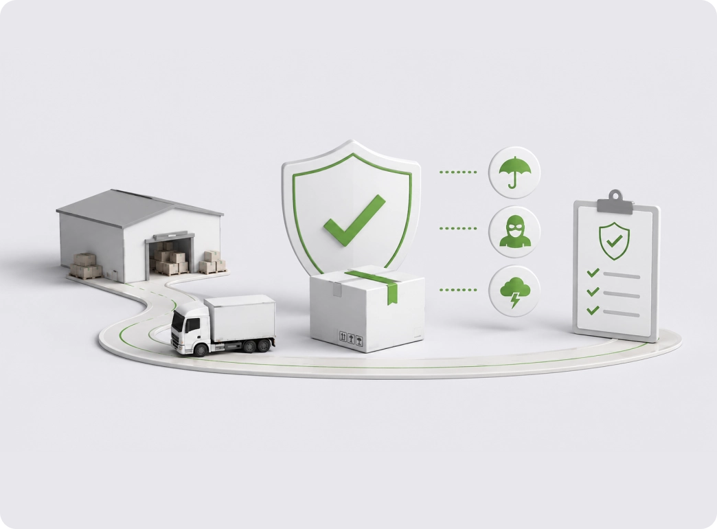 Illustration showing freight truck, protected cargo box and insurance checklist representing Plexus Freight's secure shipping