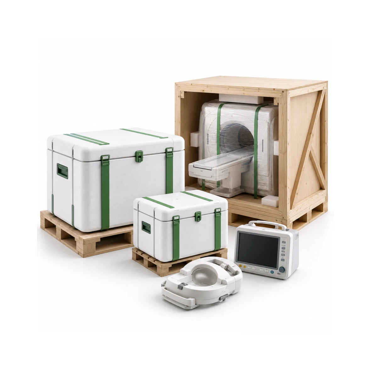 Palletised medical equipment and crated MRI scanner representing Plexus Freight's specialist cargo handling