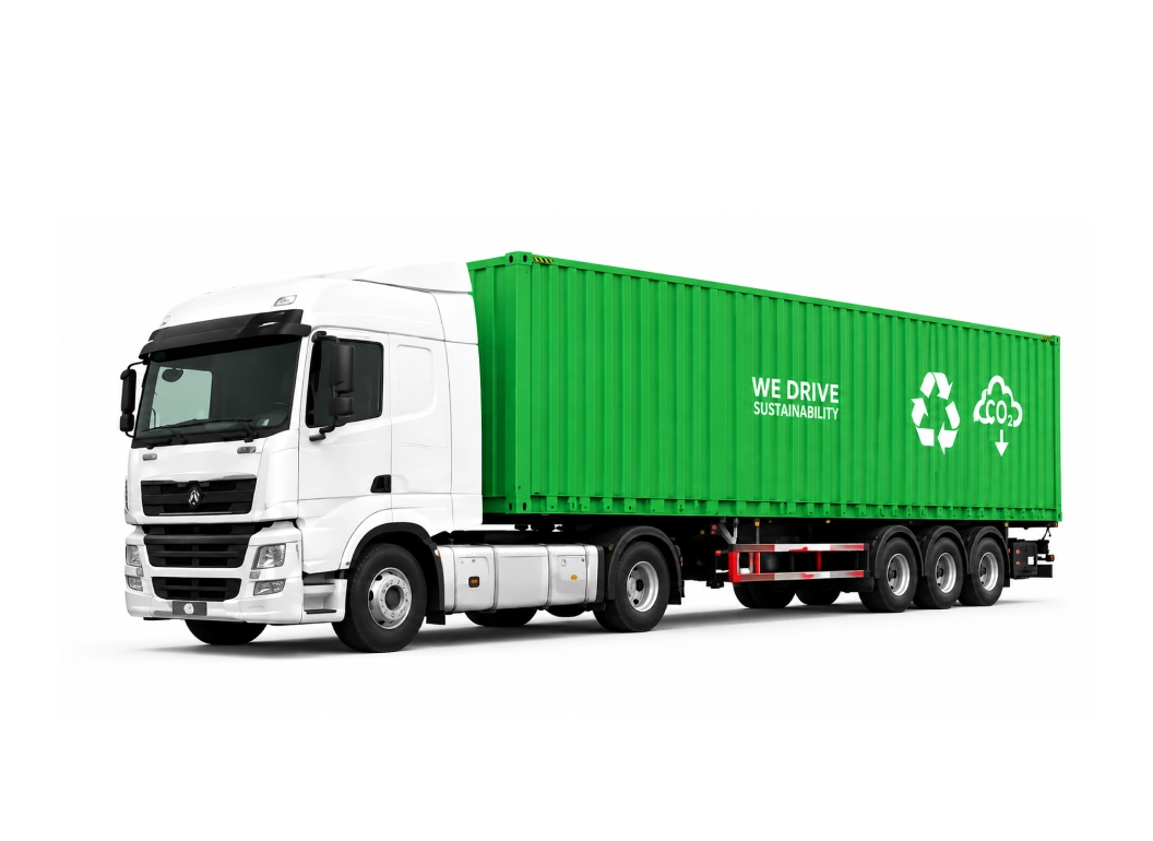 Green sustainability-branded HGV truck representing Plexus Freight's road freight and lower-emission shipping commitment