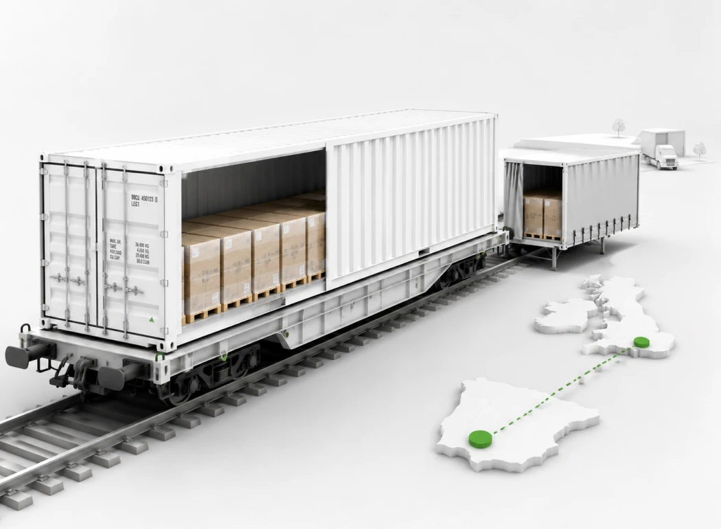 3D illustration of an open rail freight container loaded with pallets alongside a route map