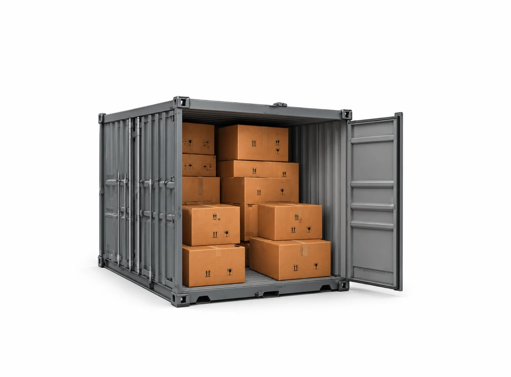 Open shipping container filled with cardboard boxes on a white background